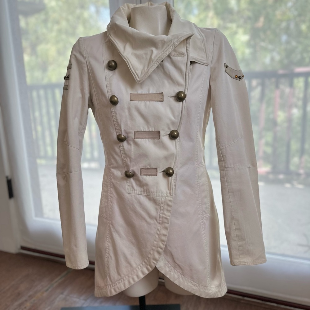 Mackage Cream Military Trench Coat with Structured Shoulders and Collar